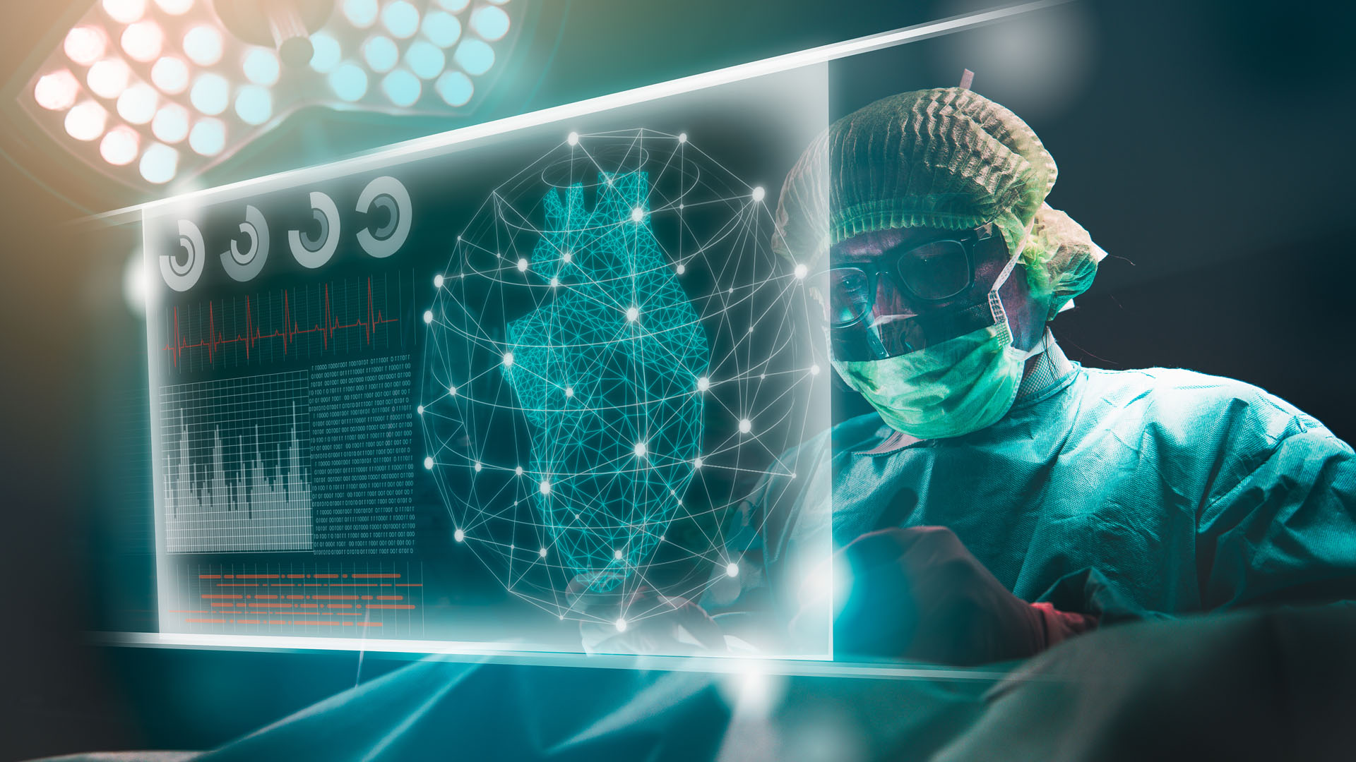 a surgeon in scrubs and a surgical mask, looking at a holographic display of a heart, suggesting the use of AI in surgical procedures.