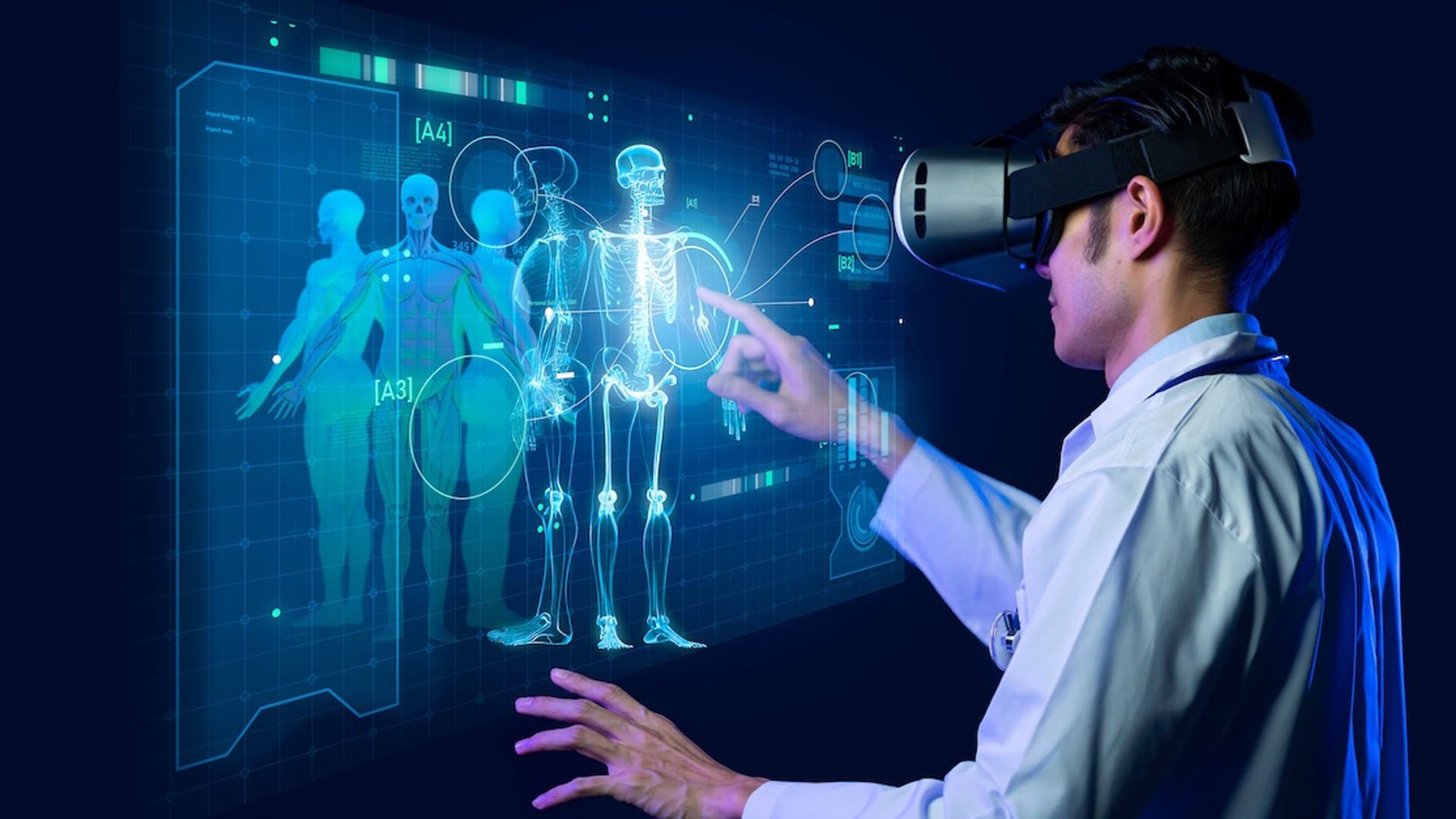 A person in a lab coat using a VR headset to examine digital human anatomy holograms, illustrating the use of VR in medical diagnostics.