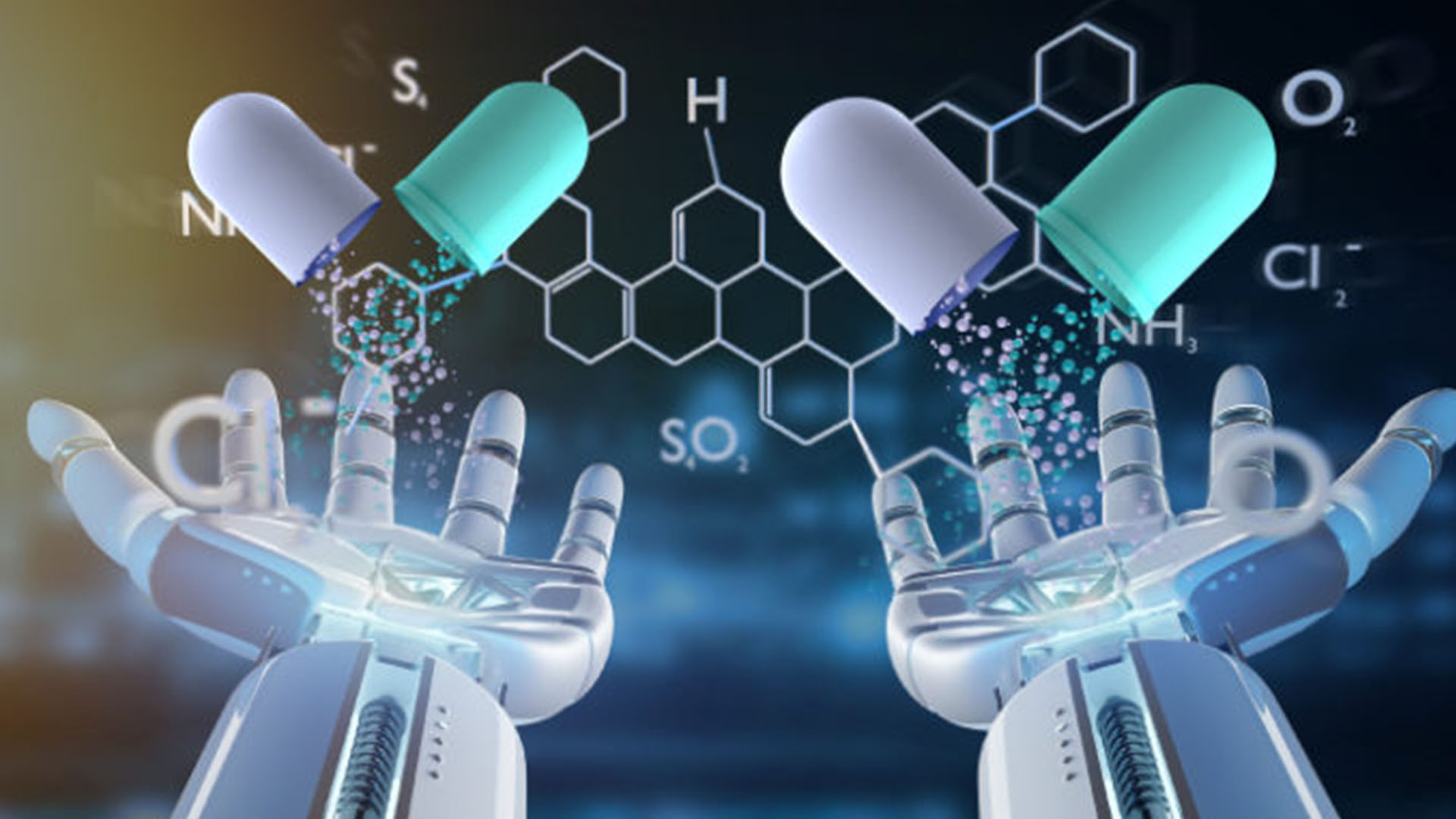A pair of robotic hands releasing capsules that transition into a dispersion of chemical formulas, signifying AI's role in pharmaceutical research and drug development.