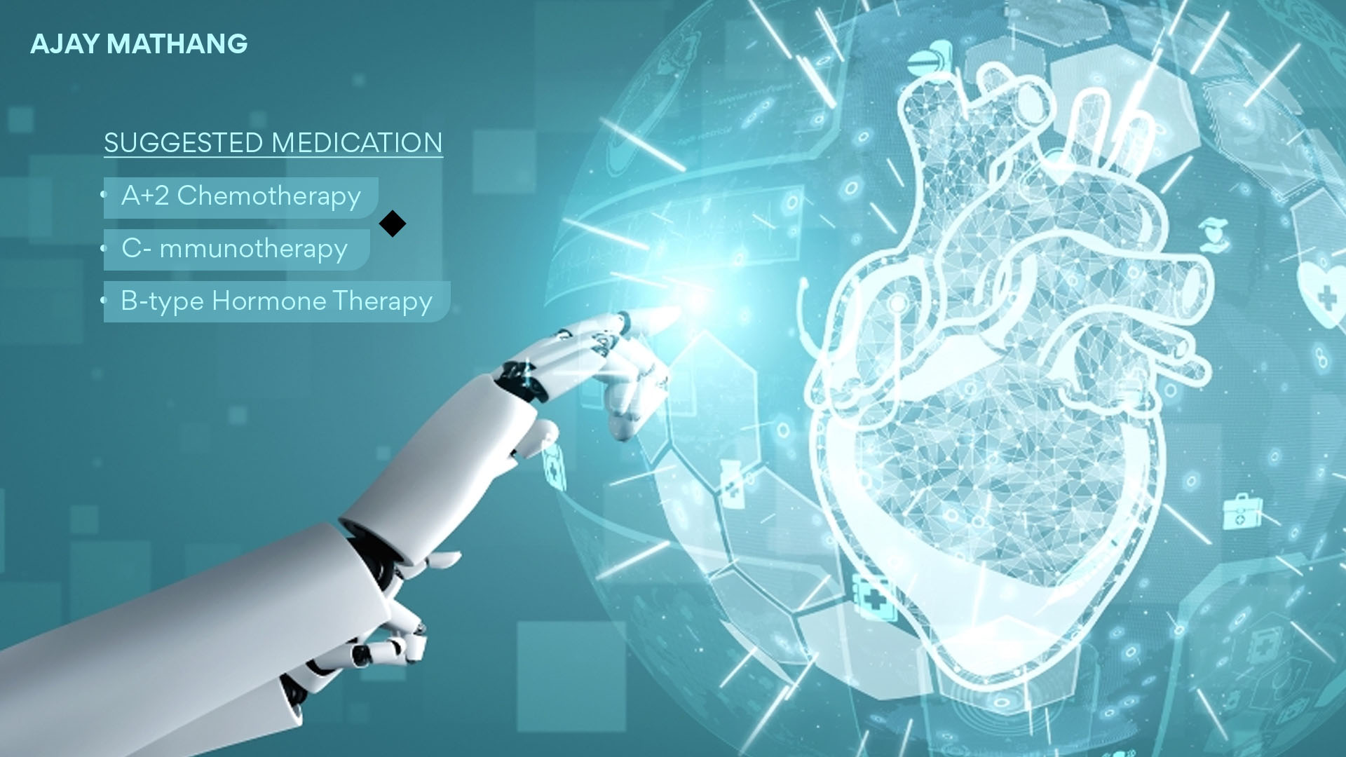A robotic arm interacting with a holographic heart against a digital globe backdrop, alongside a list of suggested medications, indicating AI-driven patient care and treatment planning.