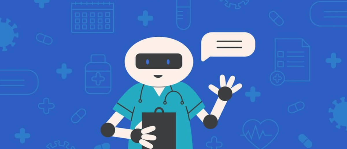 An illustration of a friendly robot in medical attire with a stethoscope, clipboard, and greeting gesture, symbolizing the integration of chatbots in healthcare against a blue background with medical and technology icons.