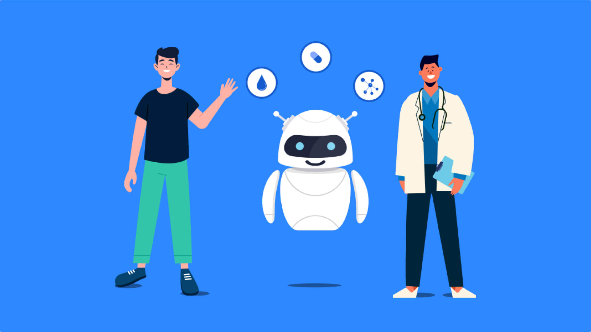 Patient, healthcare chatbot, and doctor characters with medical icons, representing the future of healthcare chatbots.