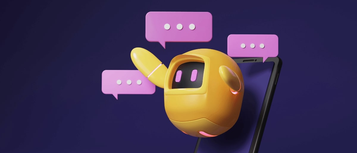 3D chatbot character emerging from a smartphone with speech bubbles, representing doctor appointment scheduling chatbots on a dark blue background.