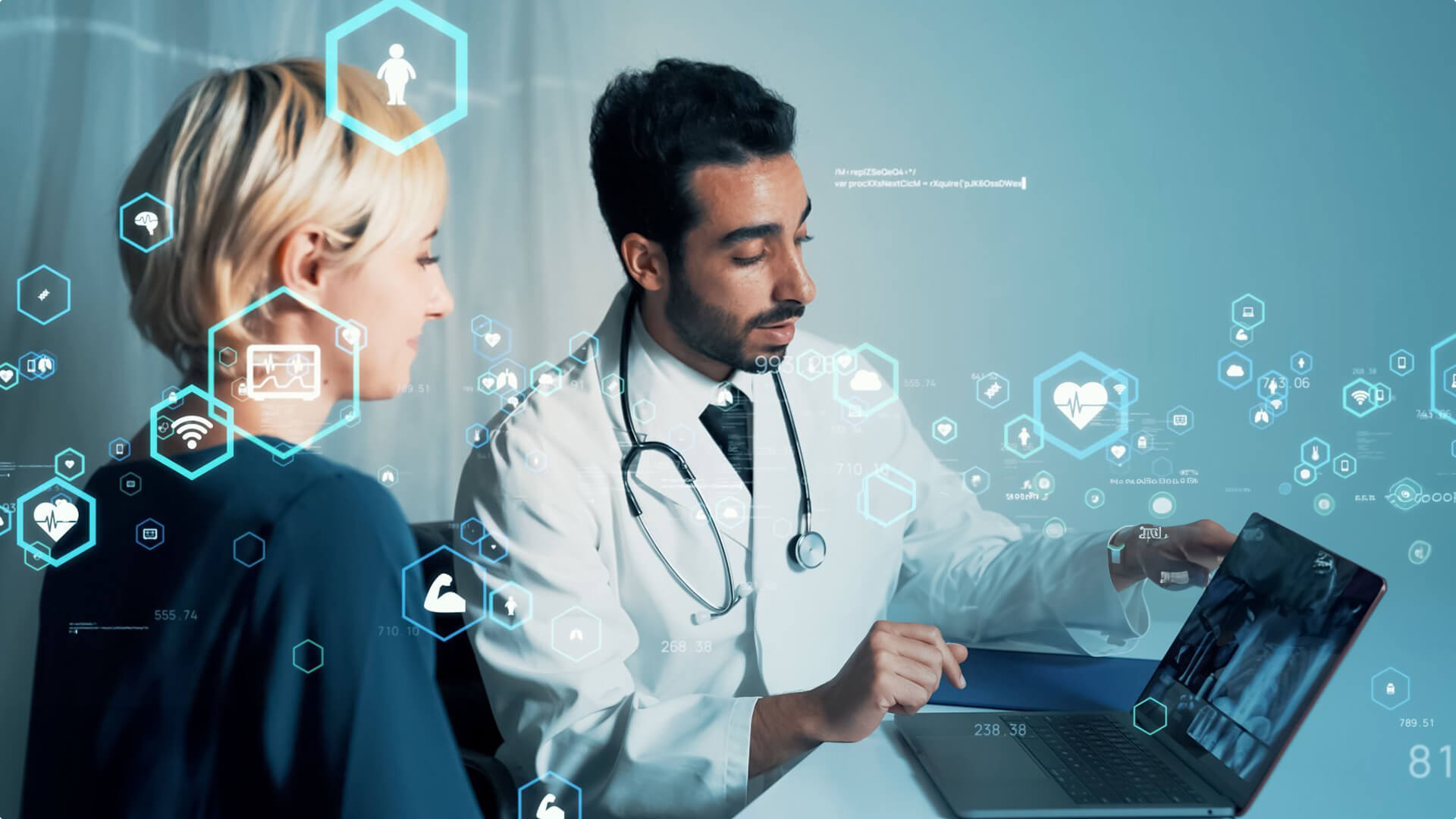 A male doctor and a female healthcare professional looking at an X-ray displayed on a laptop, with futuristic digital healthcare and medical icons floating in the foreground, symbolizing advanced medical technology and patient care data analytics.