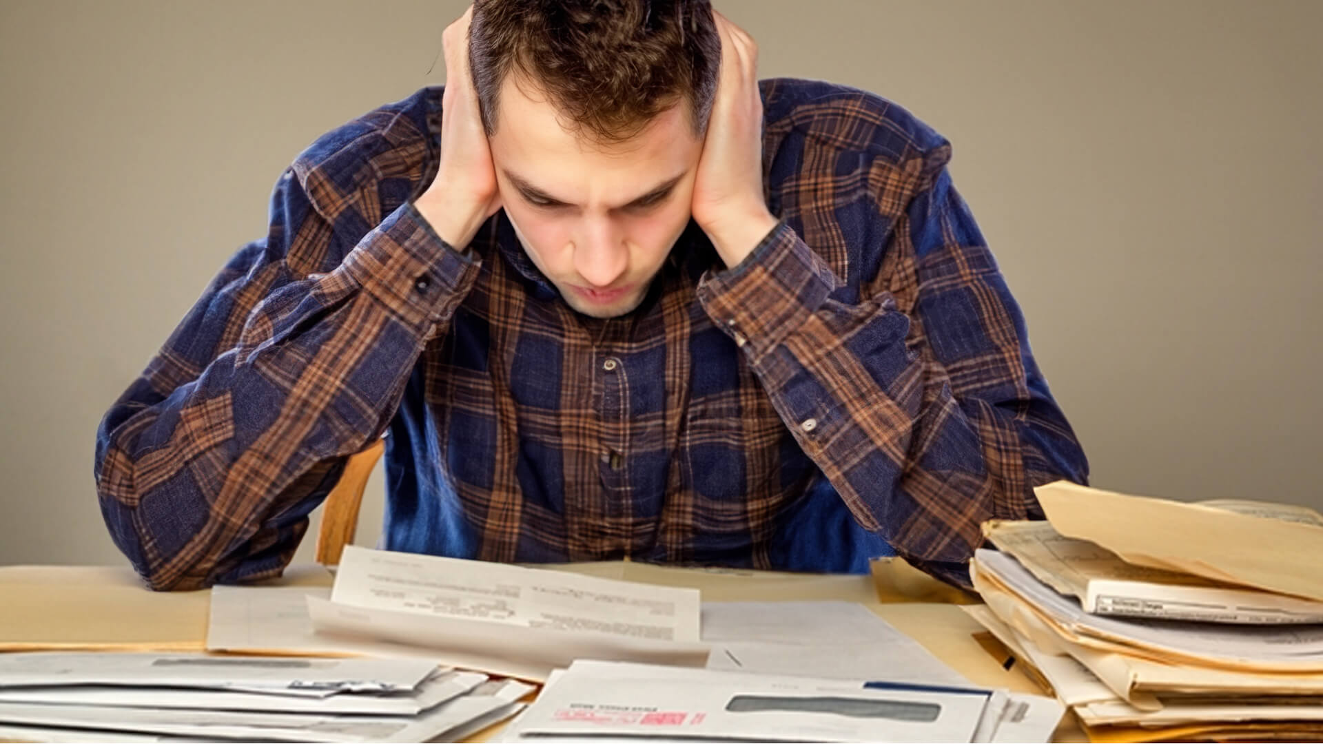 a man sitting at a desk with a lot of paperwork