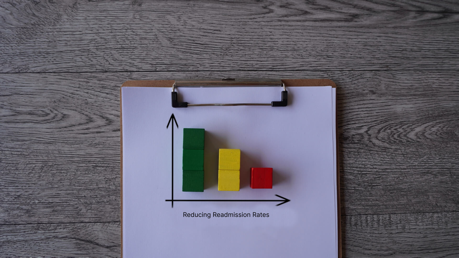 a clipboard with a bar chart on it showing reducing readmission rates