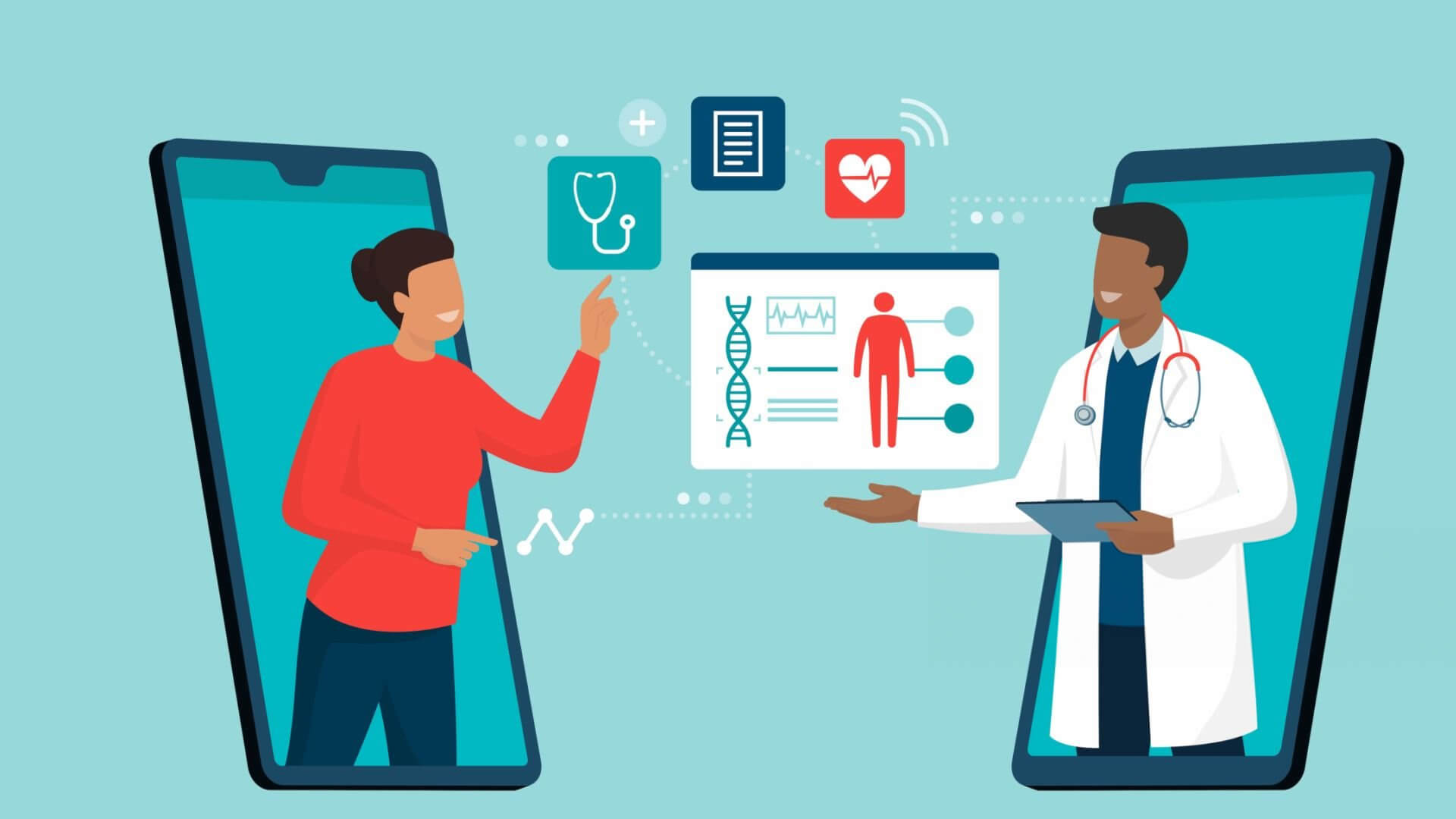 Two digital screens depict a woman pointing to medical icons and a male doctor with a clipboard, set against a teal background with medical data visuals.