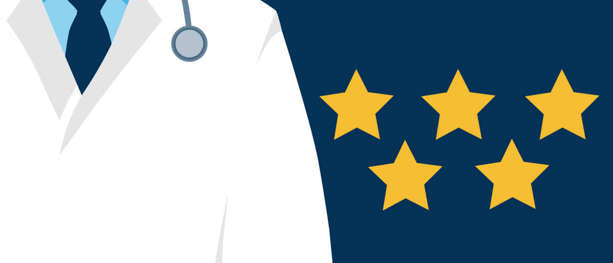 A partial illustration of a figure wearing a white coat with a stethoscope and a tie, alongside five golden stars on a dark blue background.