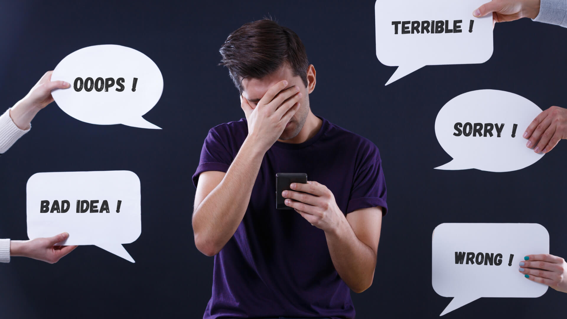 A distressed man with a phone is surrounded by speech bubbles indicating mistakes and apologies.