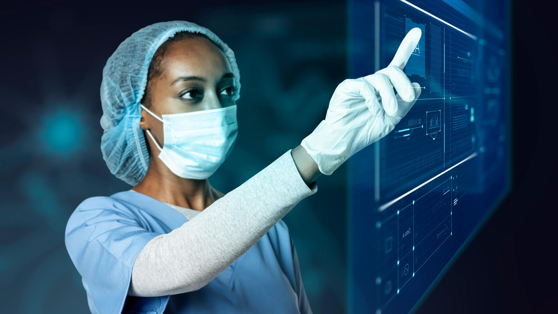 A medical professional in scrubs and protective gear interacting with a futuristic digital interface.
