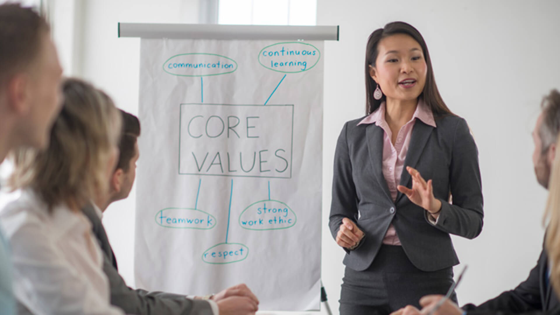 a woman giving a presentation to a group of people